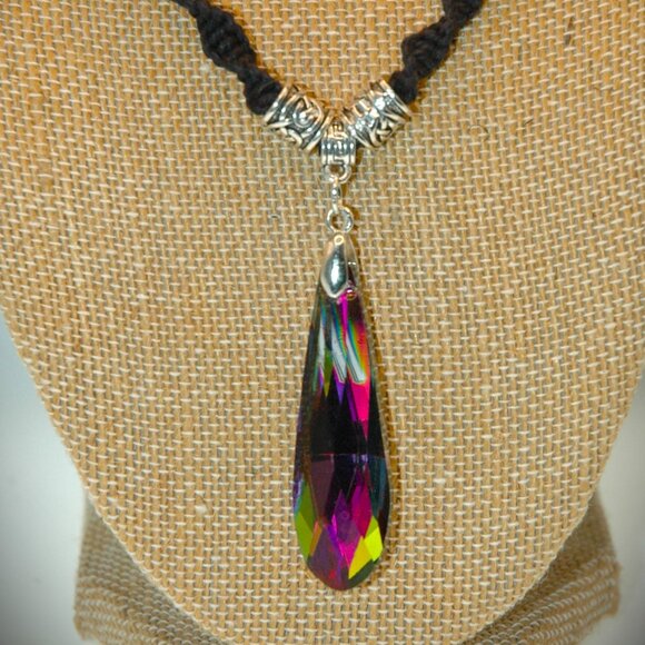 Teardrop Rainbow Colored Faceted Teardrop on a Handmade 23 1/2" Black Hemp Chain - Picture 3 of 6